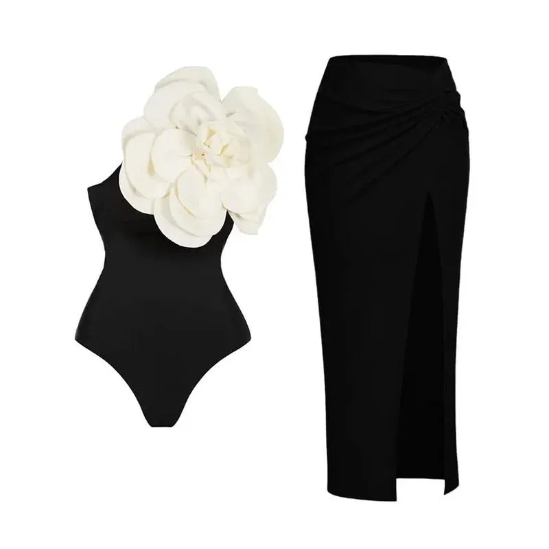 One-piece swimsuit with three-dimensional floral pattern showing European and American fit