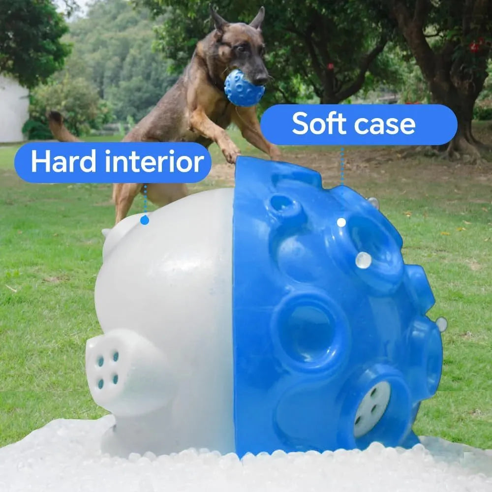 Durable dog chew ball with meteorite-shaped bumps in blue colour