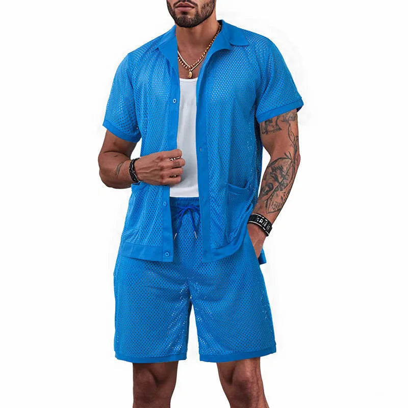 Women's two-piece beach cover-up shorts suit with short sleeves in lake blue colour