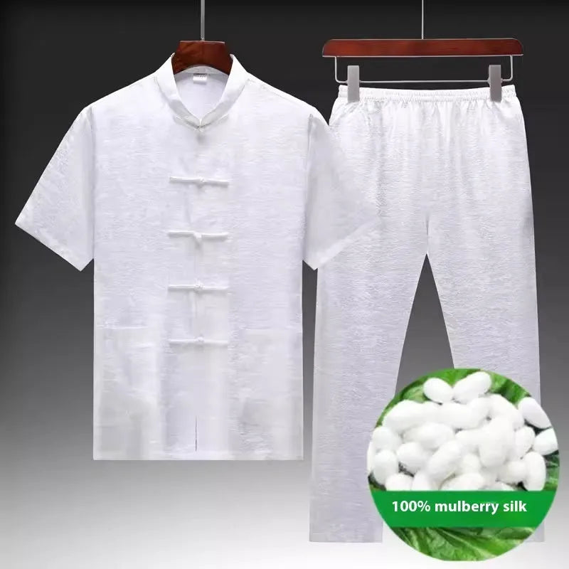 Traditional Chinese-style men's Tang suit in mulberry silk fabric showing white, light green and navy blue colour options