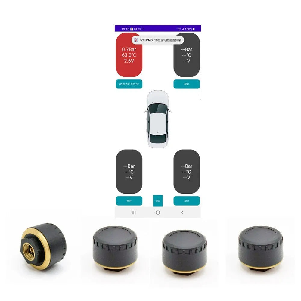 Four black wireless Bluetooth tyre pressure sensors for car monitoring system with mobile phone display