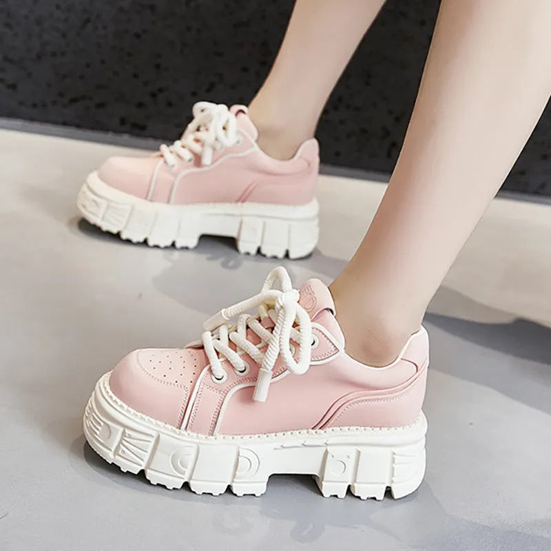 Women's beige leather casual shoes with spring muffin bottom height increase design