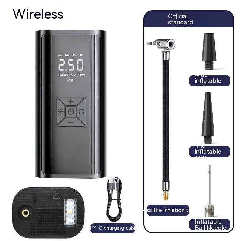 Portable wireless digital display car tyre pump with ABS casing, digital screen, and inflatable hose.