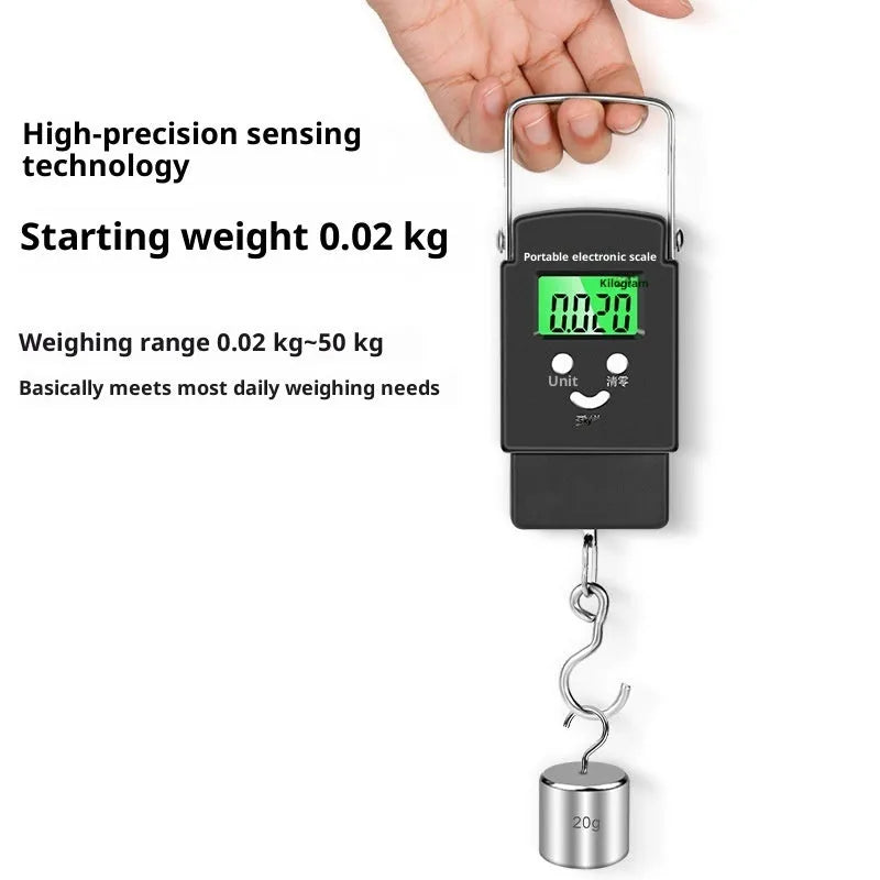 Mini handheld plastic electronic scale with blue backlight display and 50kg capacity, shown in Bohemian style