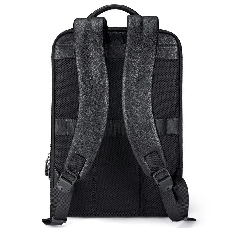 Black genuine leather men's business backpack with curved straps and sewing line detailing