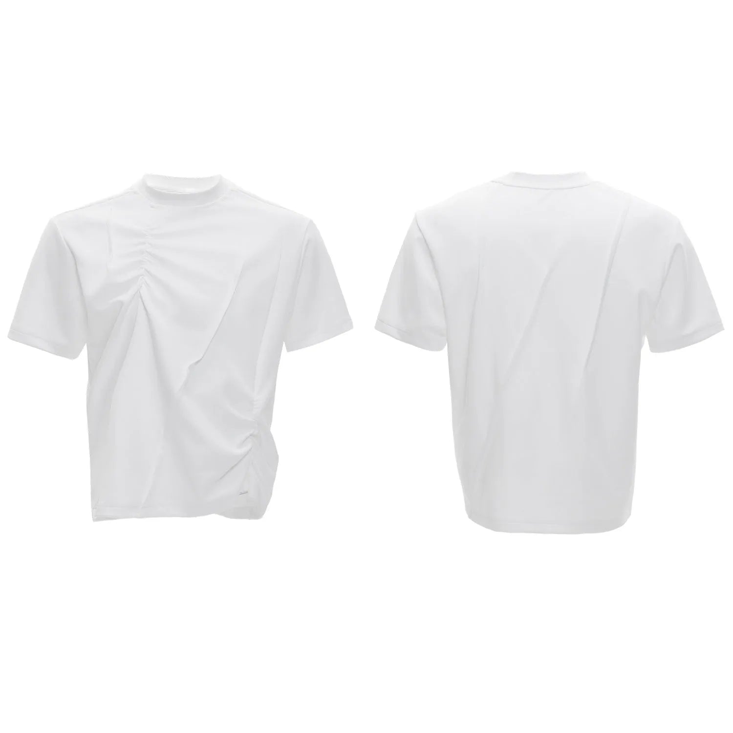 Men's grey pleated cotton T-shirt with round neck and asymmetric stitching