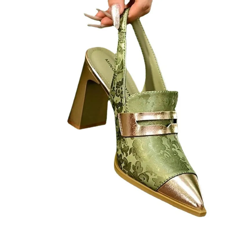Black Korean style women's sandals with a chunky block heel, pointed toe, and an elastic strap across the instep