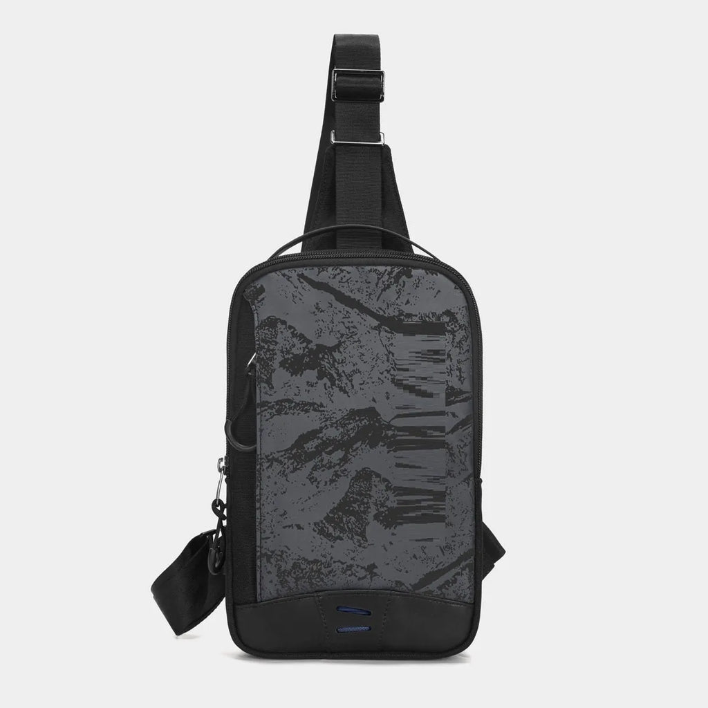 Casual black TPU chest pack with a single shoulder strap, shown in a square vertical shape with a landscape pattern.