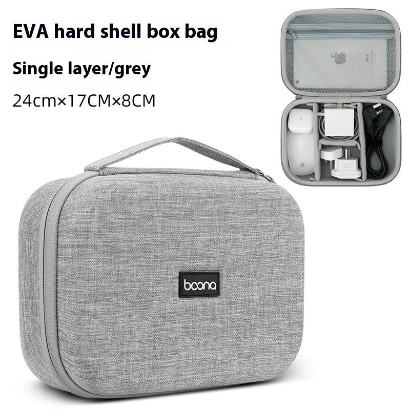 Gray multifunctional digital storage bag for data cable headset charger made from EVA material with sewing, holding cables and a charger