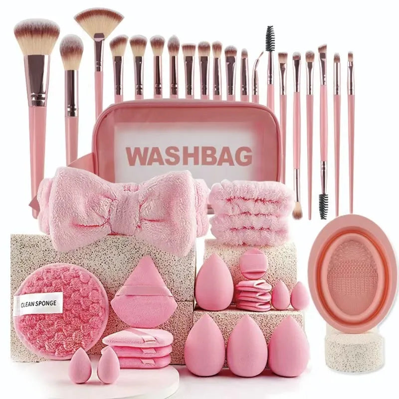 Professional makeup brush set with face wash tools in brown, pink, and purple colour options