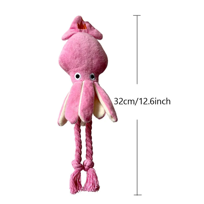 Pink squid-shaped dog chew toy with corduropy fabric, 32cm length with squeaker
