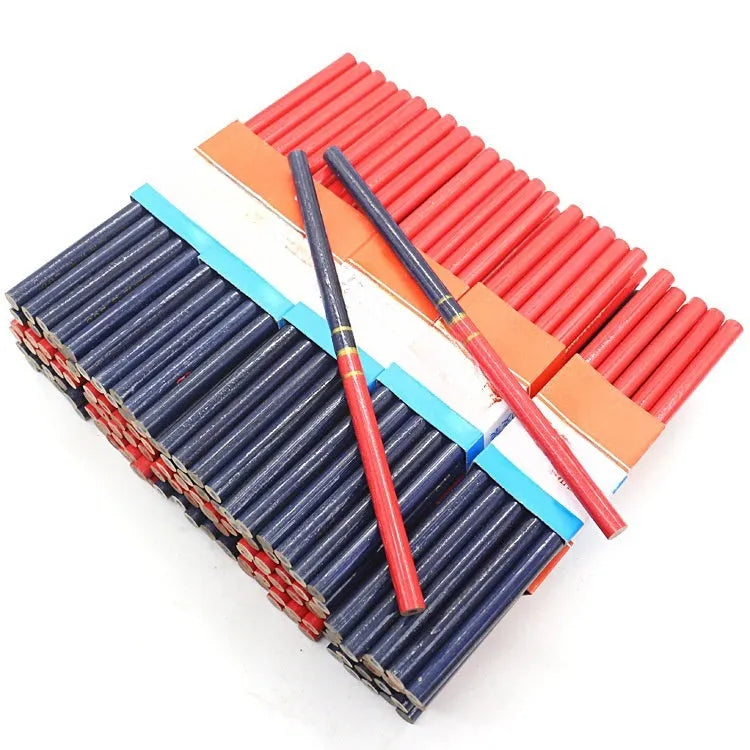 Ten red and blue two-colour carpenter's pencils with wooden casing round marking pens