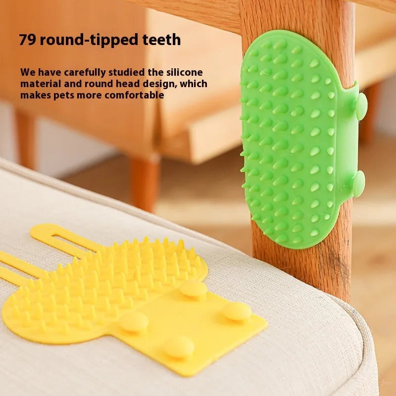 Silicone cat grooming brush mounted on table leg with adjustable strap, available in four colours