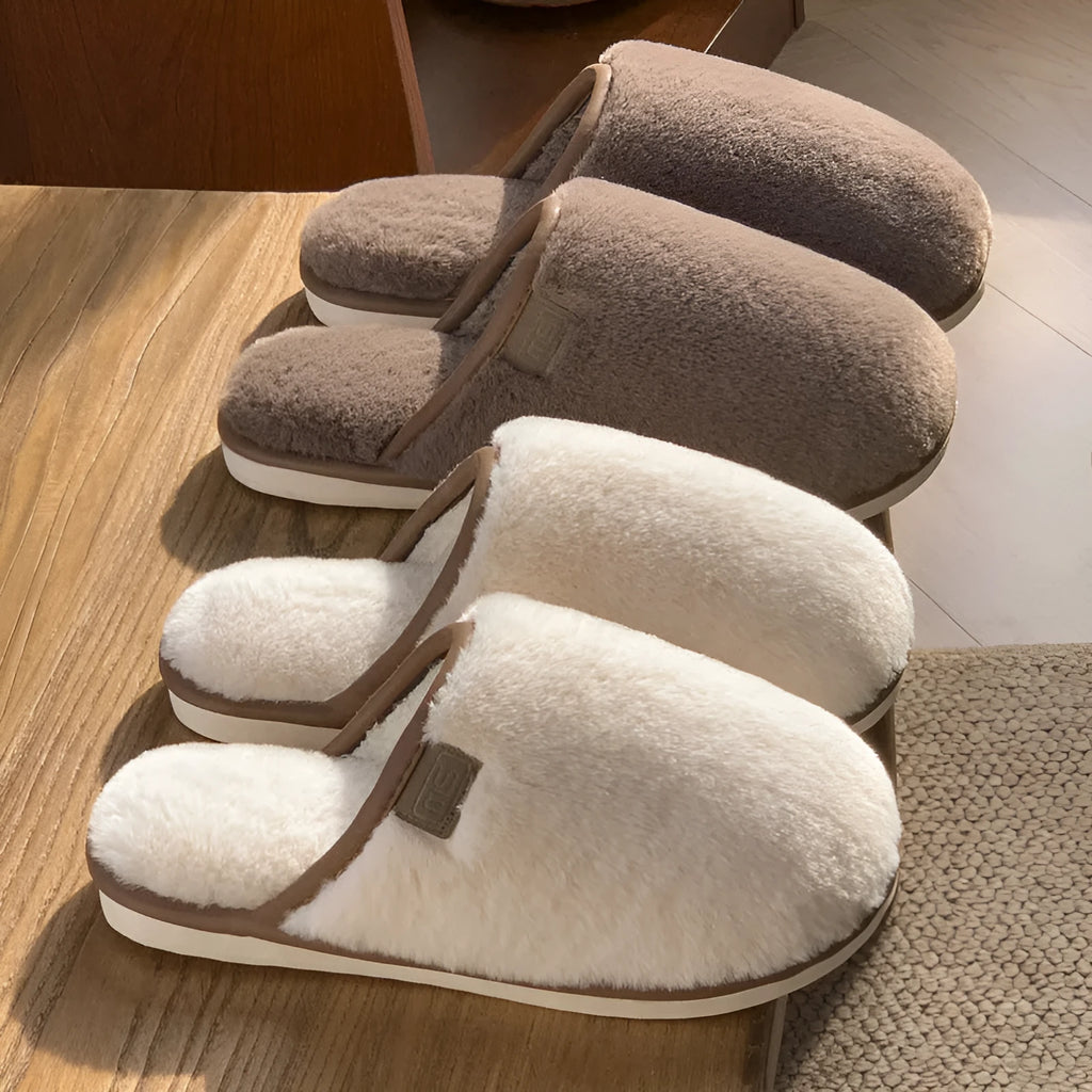 Blue PVC plush slipper with non-slip sole and car stitching detail on upper.