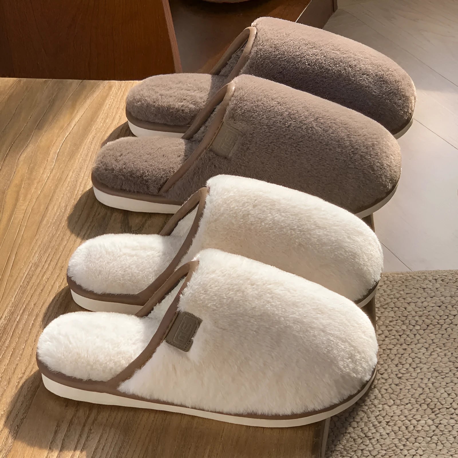 Blue PVC plush slipper with non-slip sole and car stitching detail on upper.