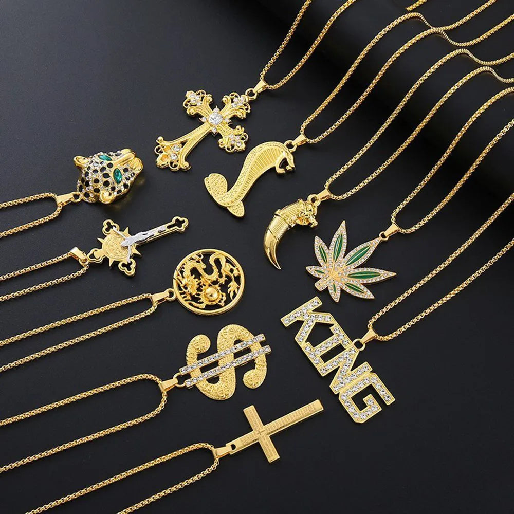 Gold-tone geometric alloy pendant necklace with an inlaid clear zircon stone for women.