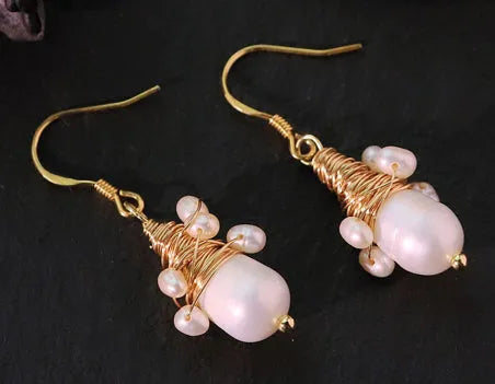 Handmade natural pearl wire-wrapped earrings in white, geometric round fairy style, for women