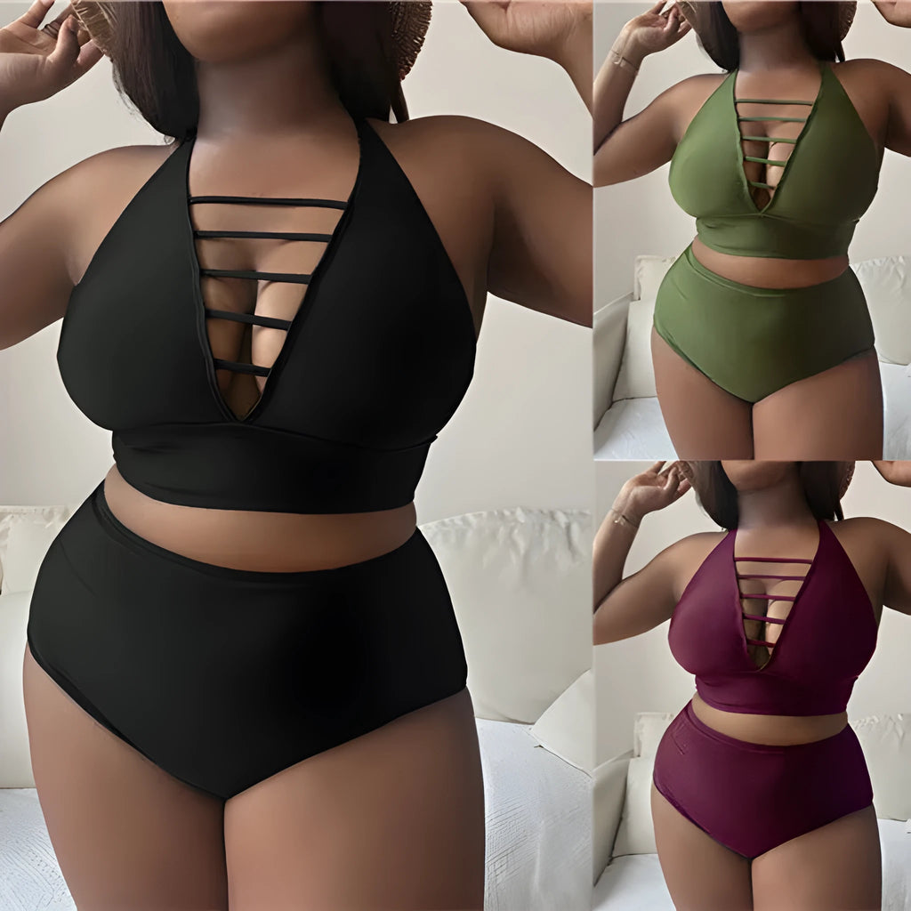 Plus size woman in black adjustable halter bikini with high-waisted briefs.