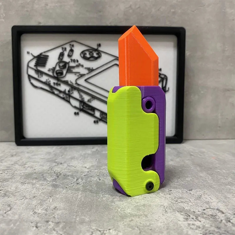 Carrot-shaped 3D printed plastic gravity fidget knife with orange purple green colour scheme