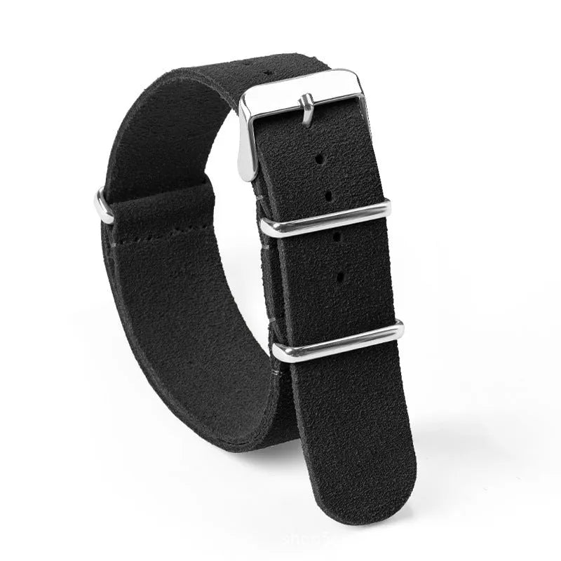 Genuine leather watch strap with velvet finish in retro artistic style, 20mm width, black colour, on a light background