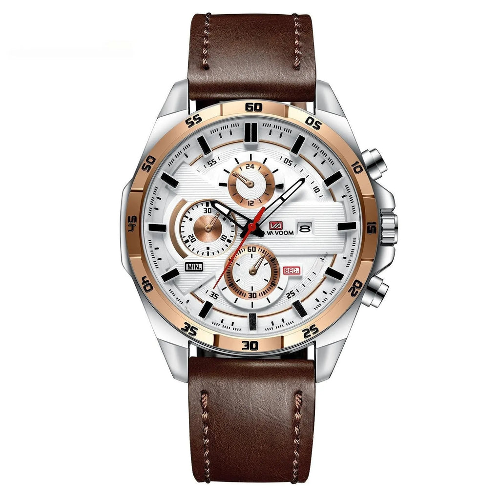 Men's casual quartz watch with leather strap and metal case in various colour combinations