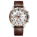 Men's casual quartz watch with leather strap and metal case in various colour combinations