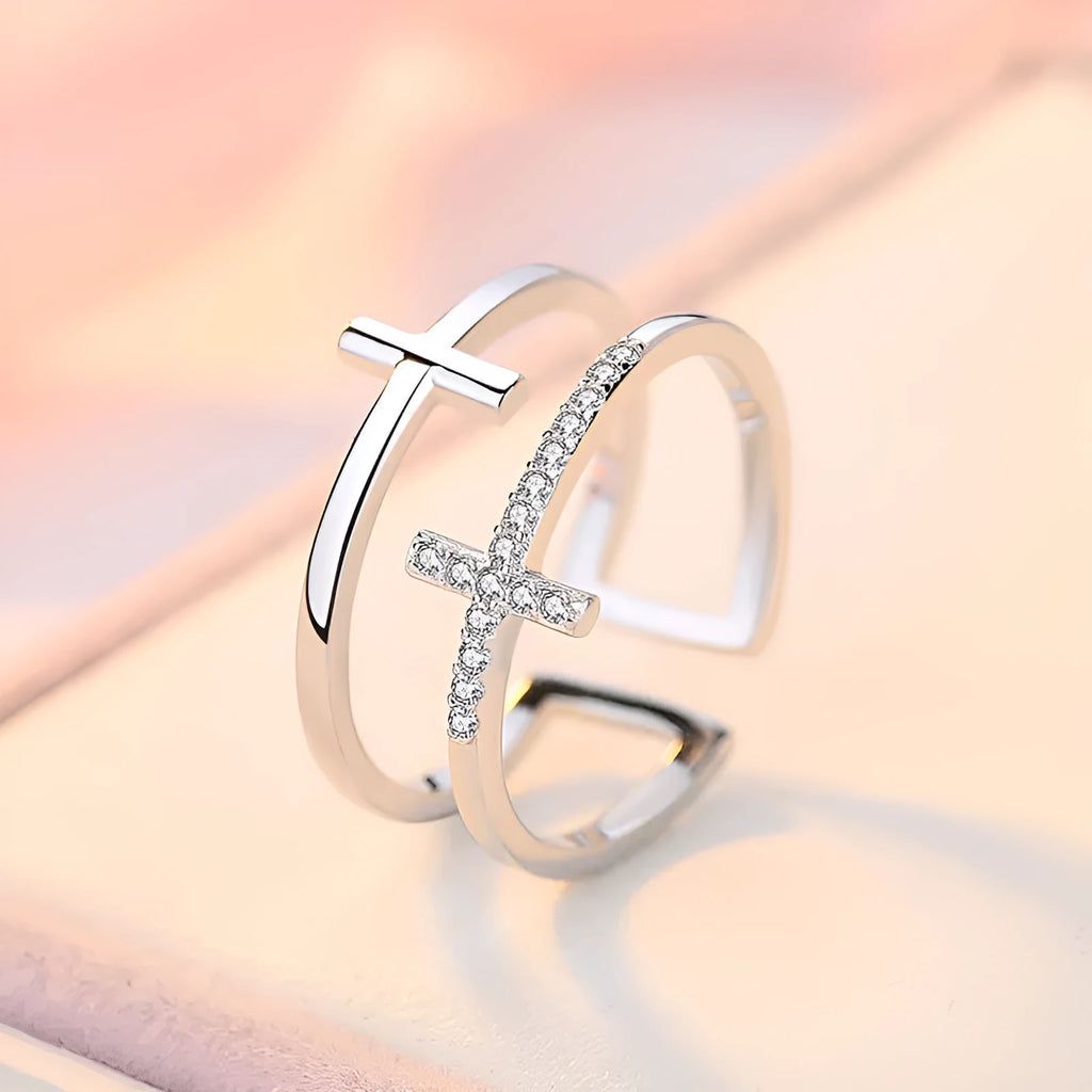 Adjustable double cross zircon ring with copper construction and white gold electroplated finish