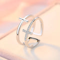 Adjustable double cross zircon ring with copper construction and white gold electroplated finish