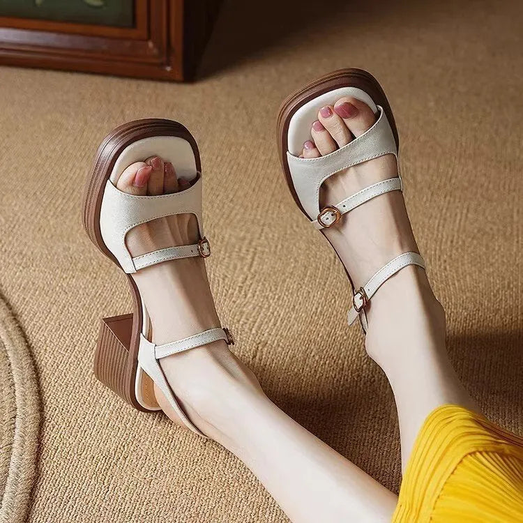 Women's open toe square platform sandals in milky white with rubber sole