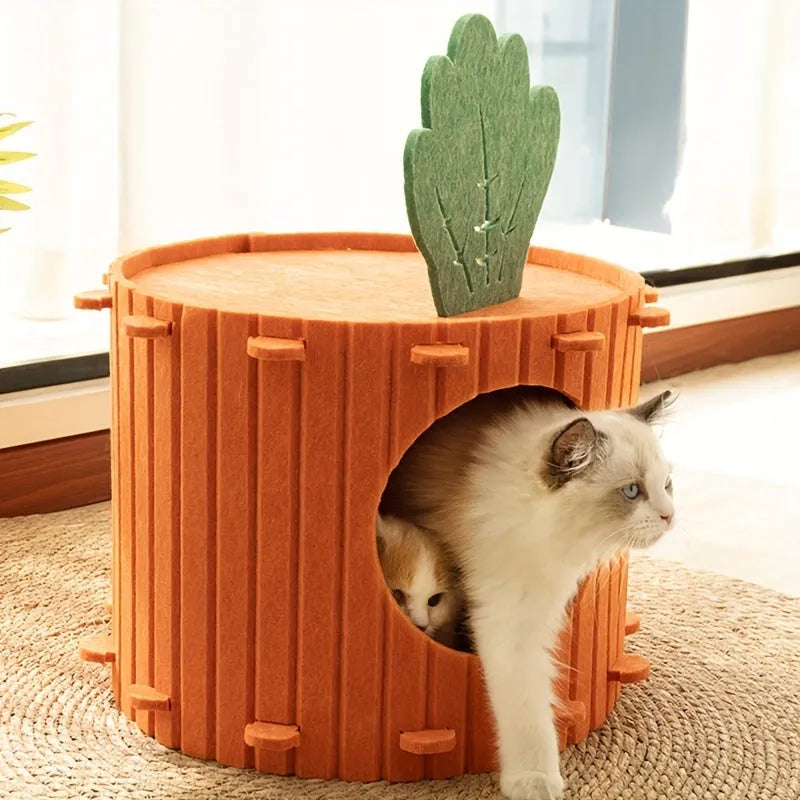 Orange carrot-shaped felt cat nest tunnel with a semi-enclosed design and drilled openings.