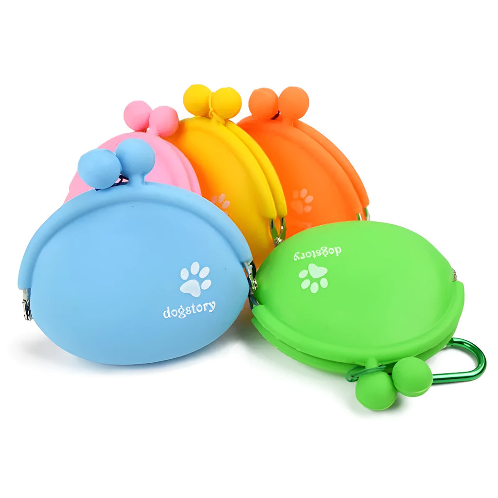 Yellow silicone dog treat pouch with hook-and-loop closure on a waist belt