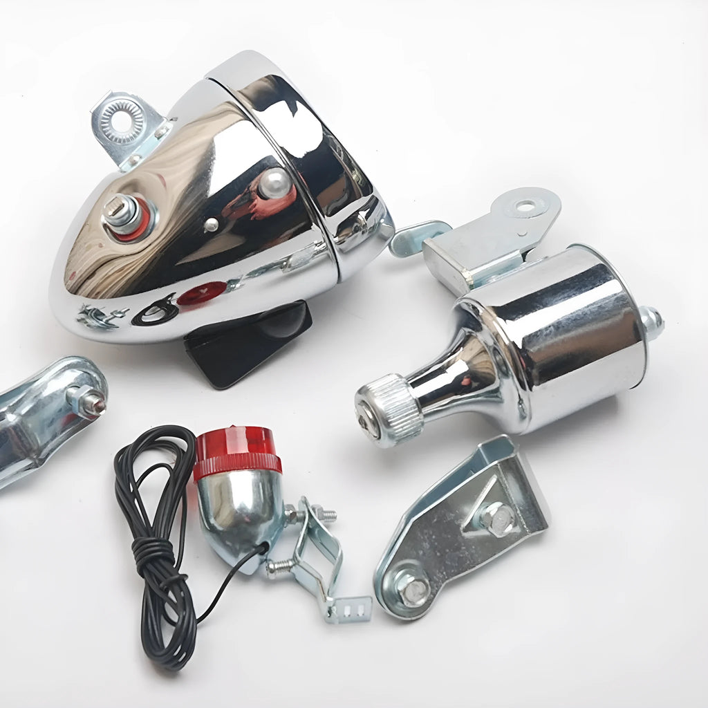 Silver bicycle generator light kit for front fork or rear frame installation with friction dynamo power generation