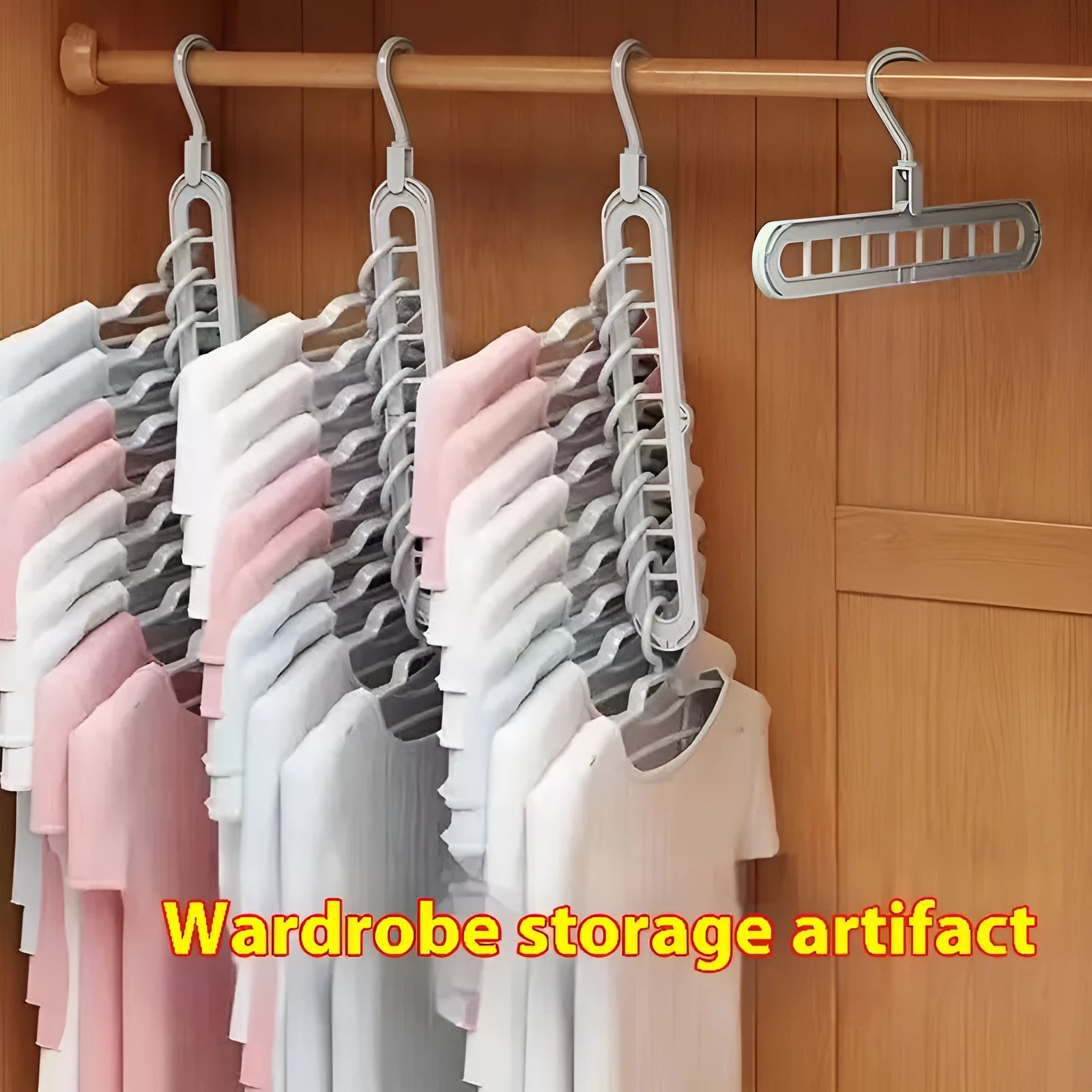 Green plastic folding clothes hanger with nine holes for organising trousers on a rack.