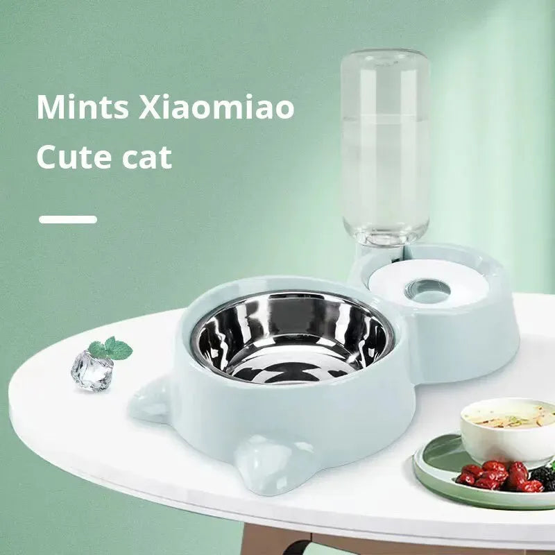 Blue automatic gravity pet food and water feeder bowl with stainless steel interior for cats and dogs