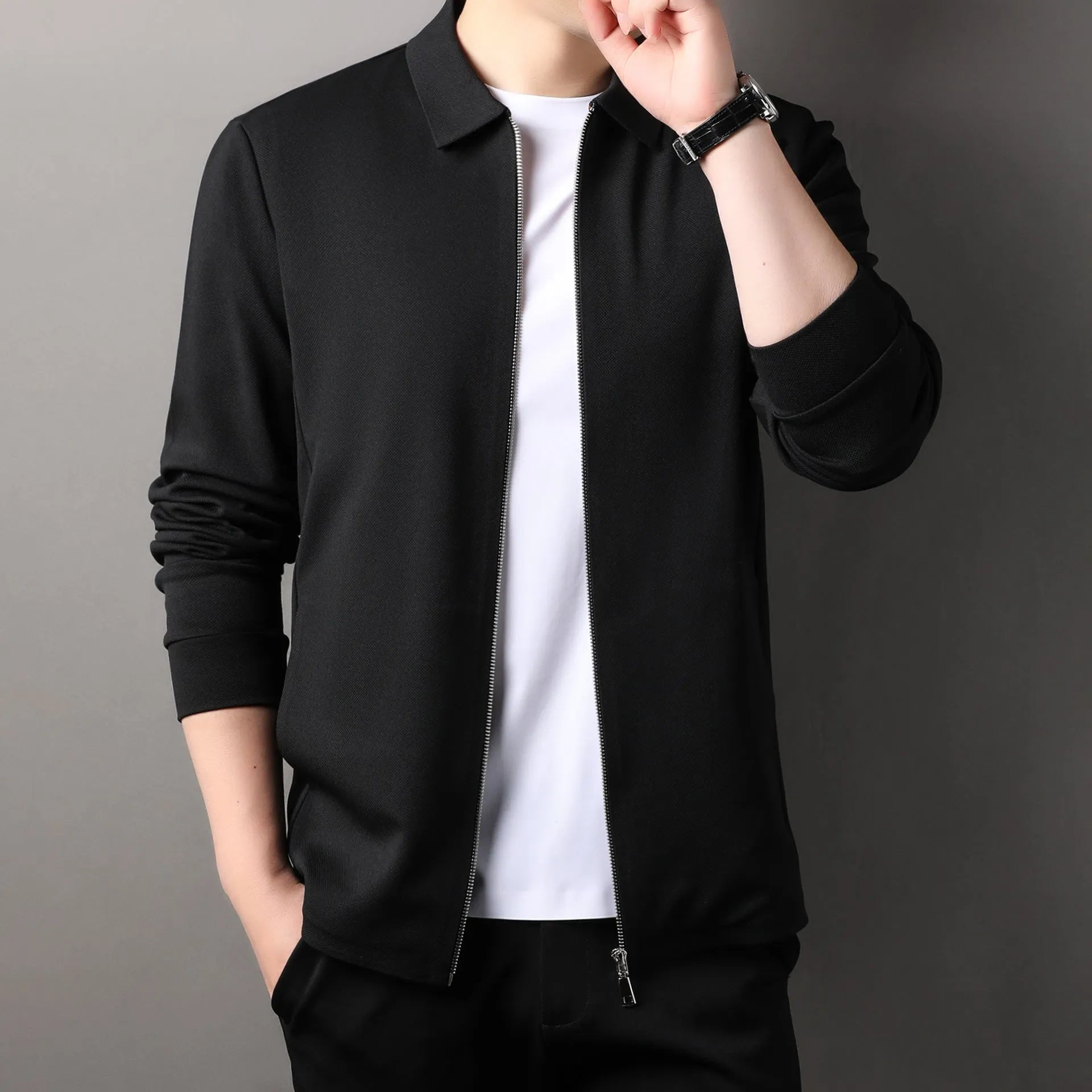 Men's collared business casual jacket in polyester, shown in black, dark grey, and apricot colours.