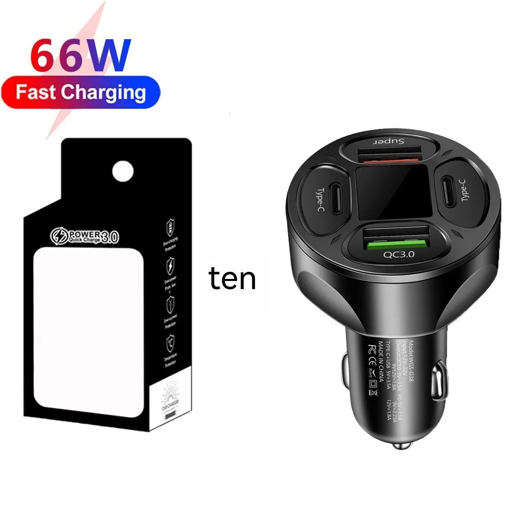 Black digital display car charger with two USB ports and two Type-C ports, showing voltage readout.