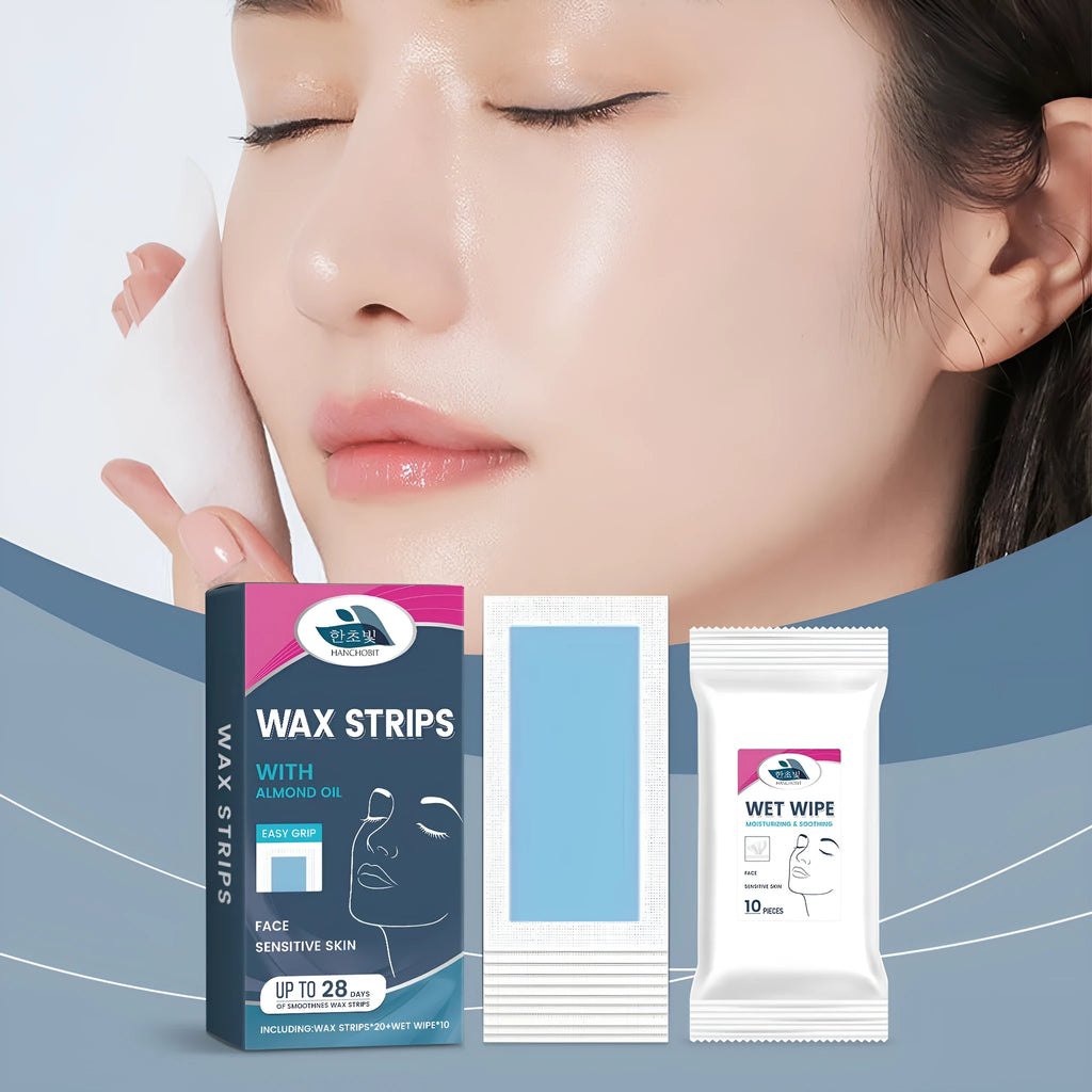 HANCHOBIT facial hair removal wax strips kit showing 20 pre-waxed strips and 10 cleansing wet wipes