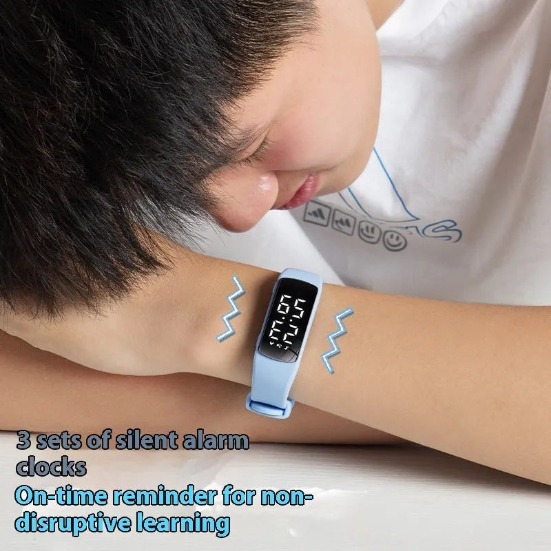 Waterproof vibration alarm clock watch with LED display and adjustable silicone strap in multiple colour options