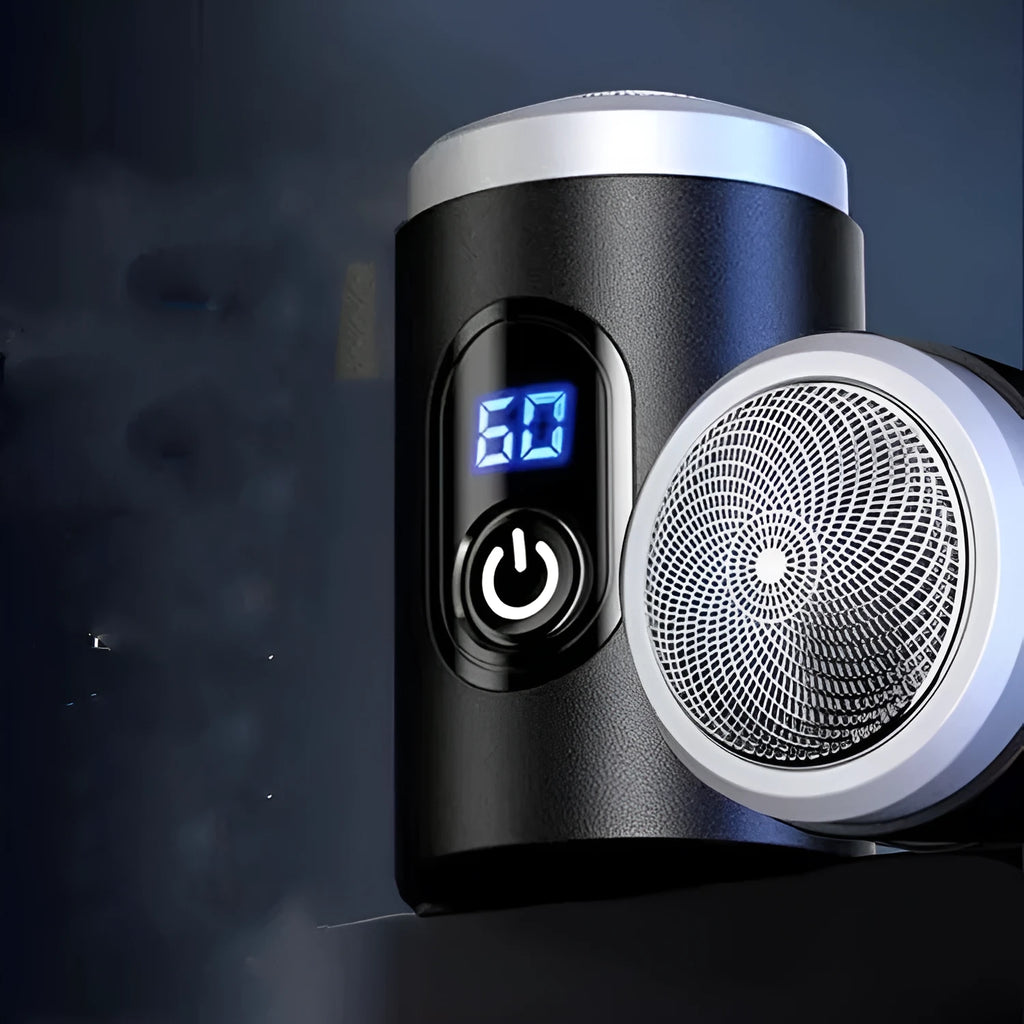 Black portable rechargeable shaver with USB cable, cleaning brush, and protective cover