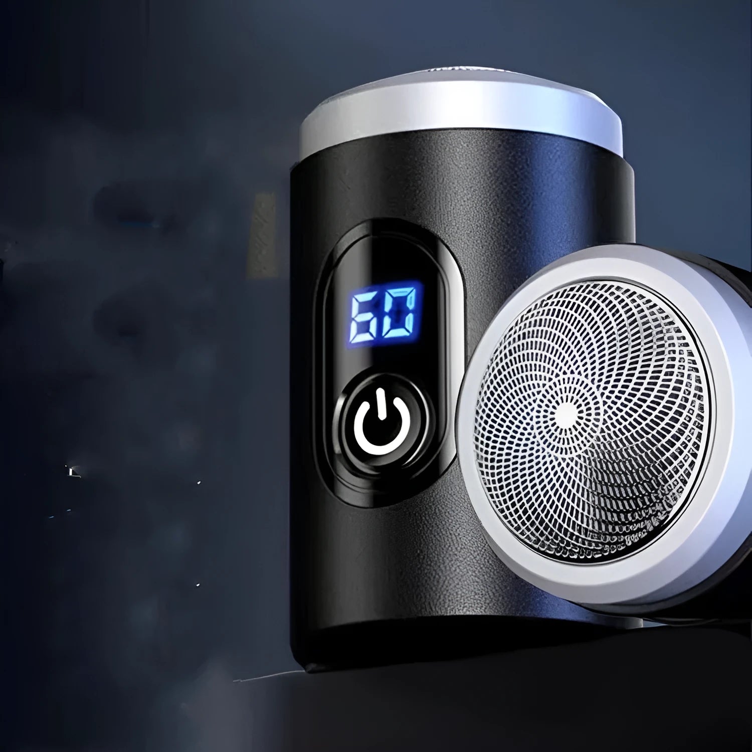 Black portable rechargeable shaver with USB cable, cleaning brush, and protective cover
