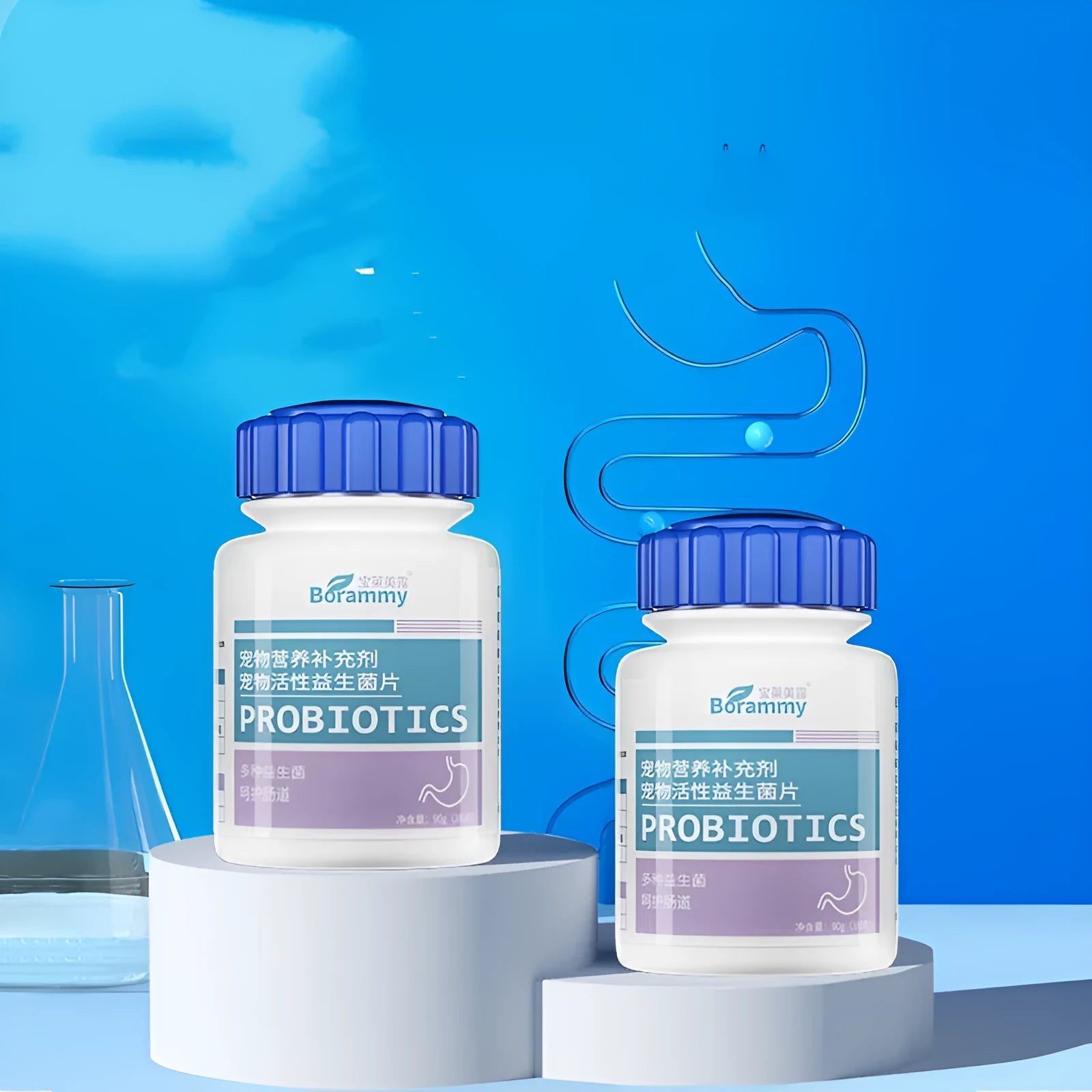 Bottle of pet probiotic tablets containing 180 chewable supplements for dogs and cats