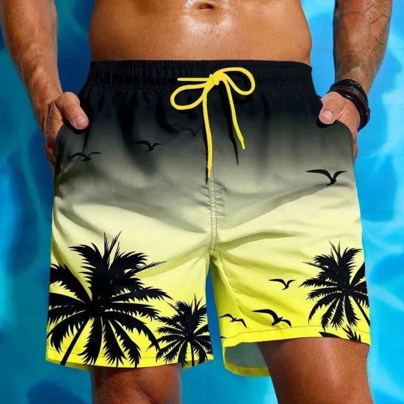Men's loose board swimming trunks in an ethnic style, made from blue polyester fabric, shown on a size chart.