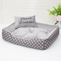 Printed four seasons pet bed for small dogs with square pillow in polka dot pattern