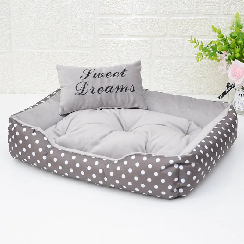 Printed four seasons pet bed for small dogs with square pillow in polka dot pattern