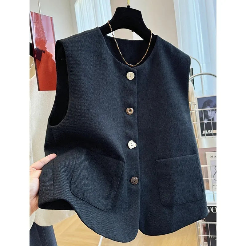 French style round neck sleeveless bandage vest in polyester fabric