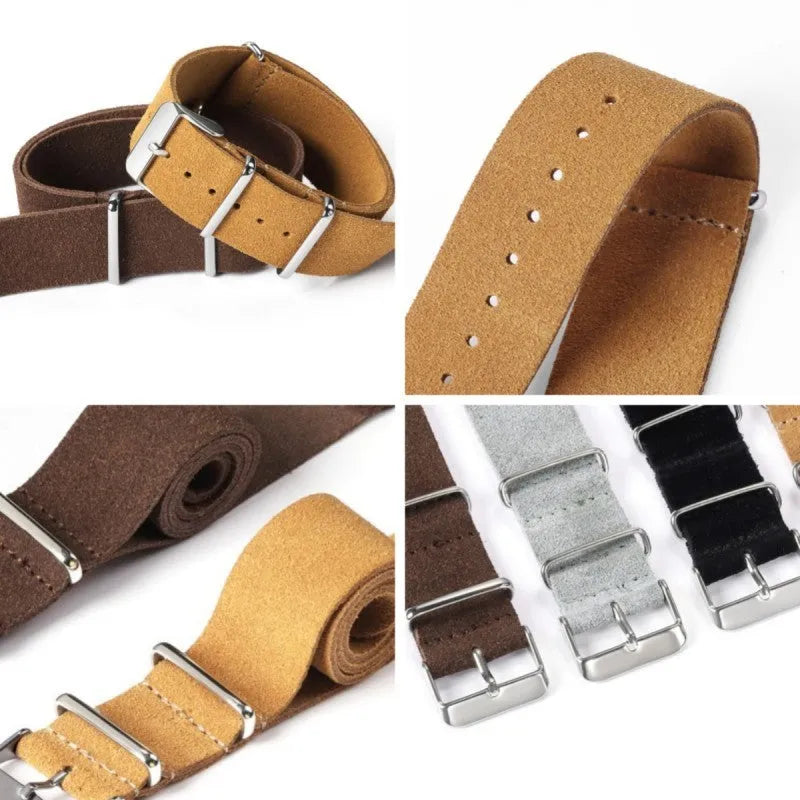 Genuine leather watch strap with velvet finish in retro artistic style, 20mm width, black colour, on a light background