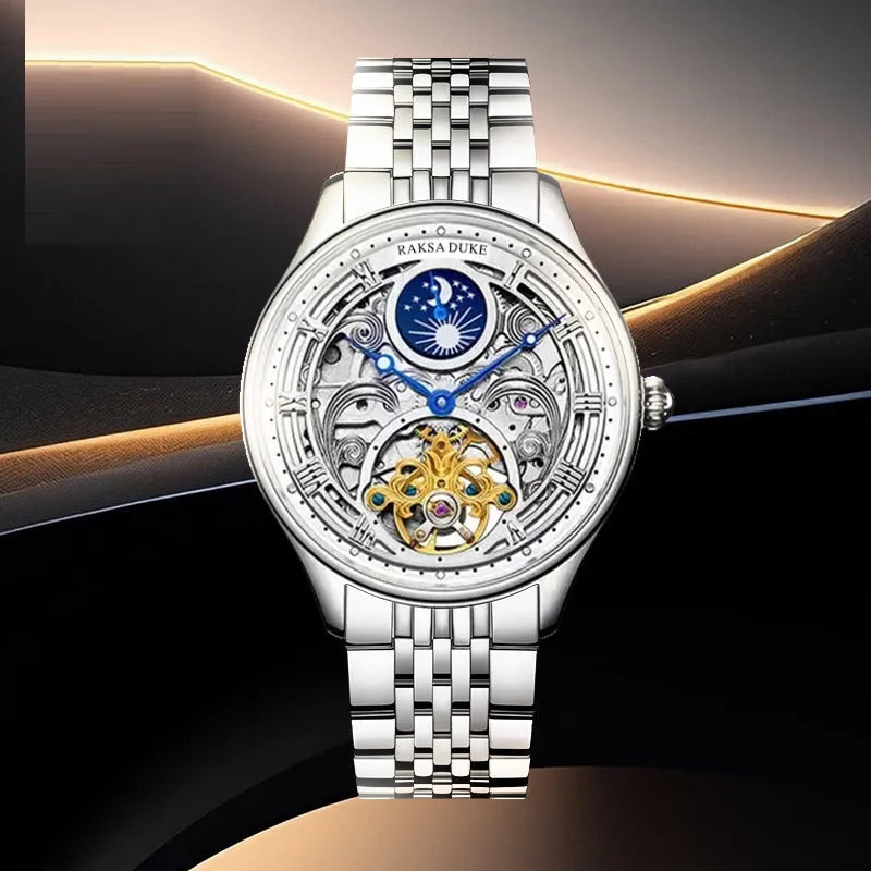 Men's waterproof business watch with stainless steel strap showing white dial and 16mm thickness case