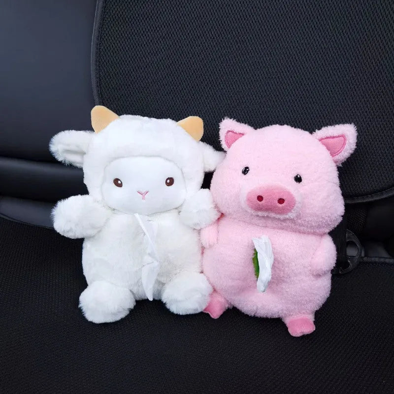 Plush cartoon lamb design car tissue box cover for auto and home use.