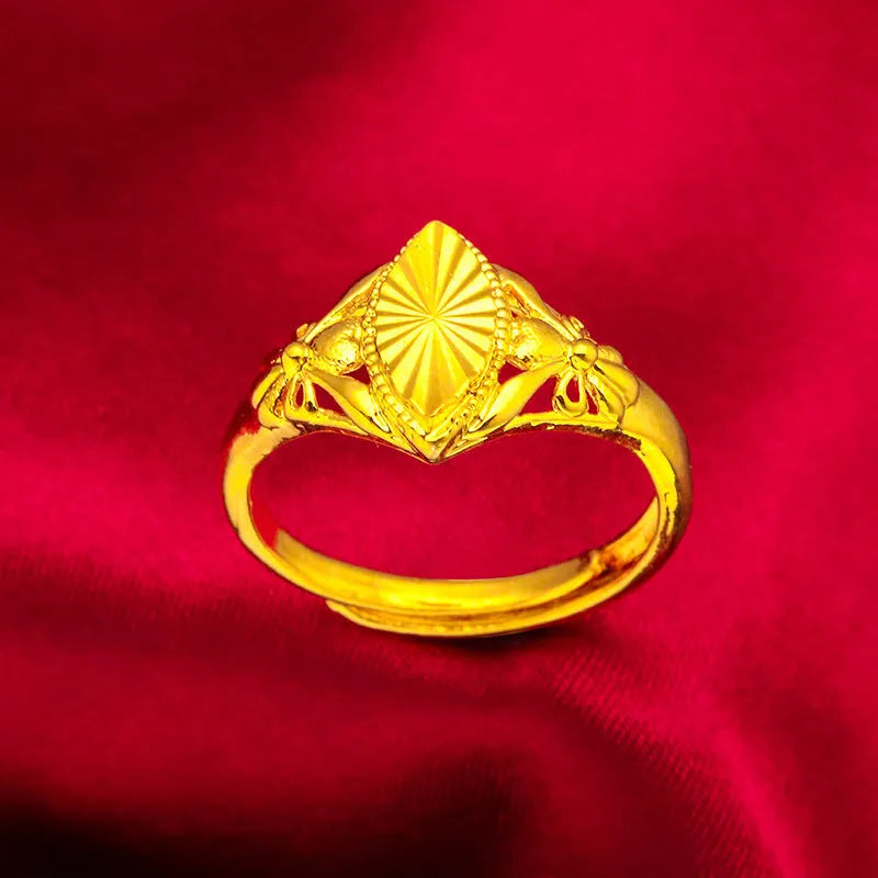 Gold electroplated brass open diamond flower ring with geometric texture