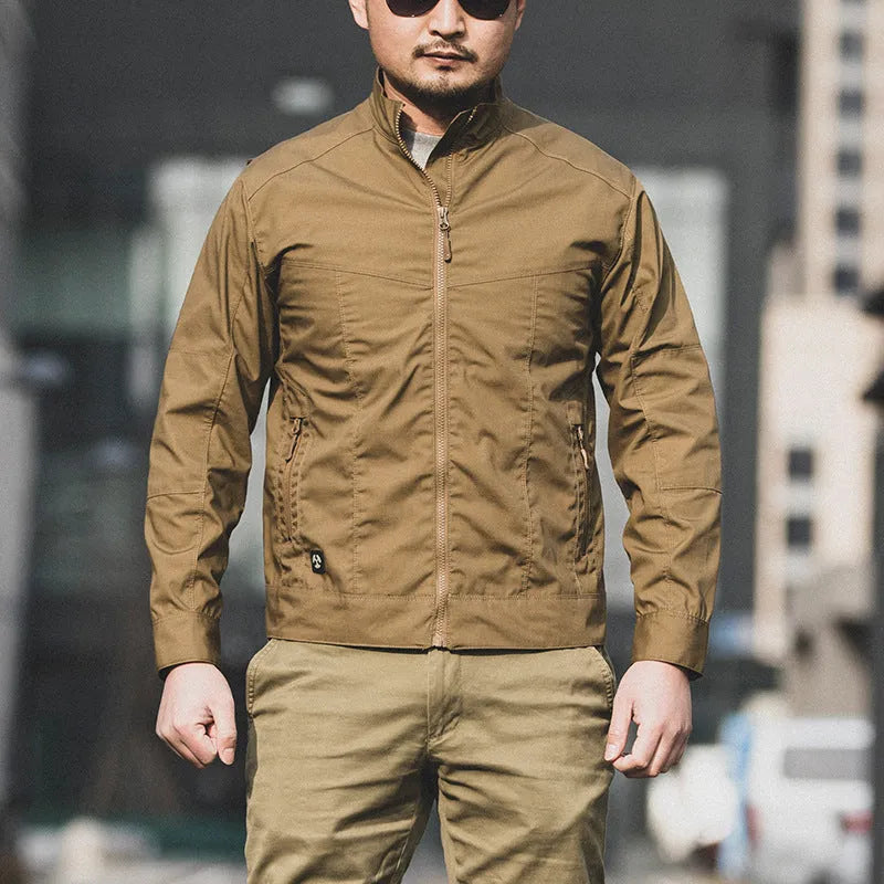 Tactical outdoor jacket in camouflage pattern with wear-resistant polyester construction